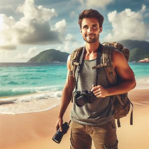 male backpacker at the beach on a hot summer day-3
